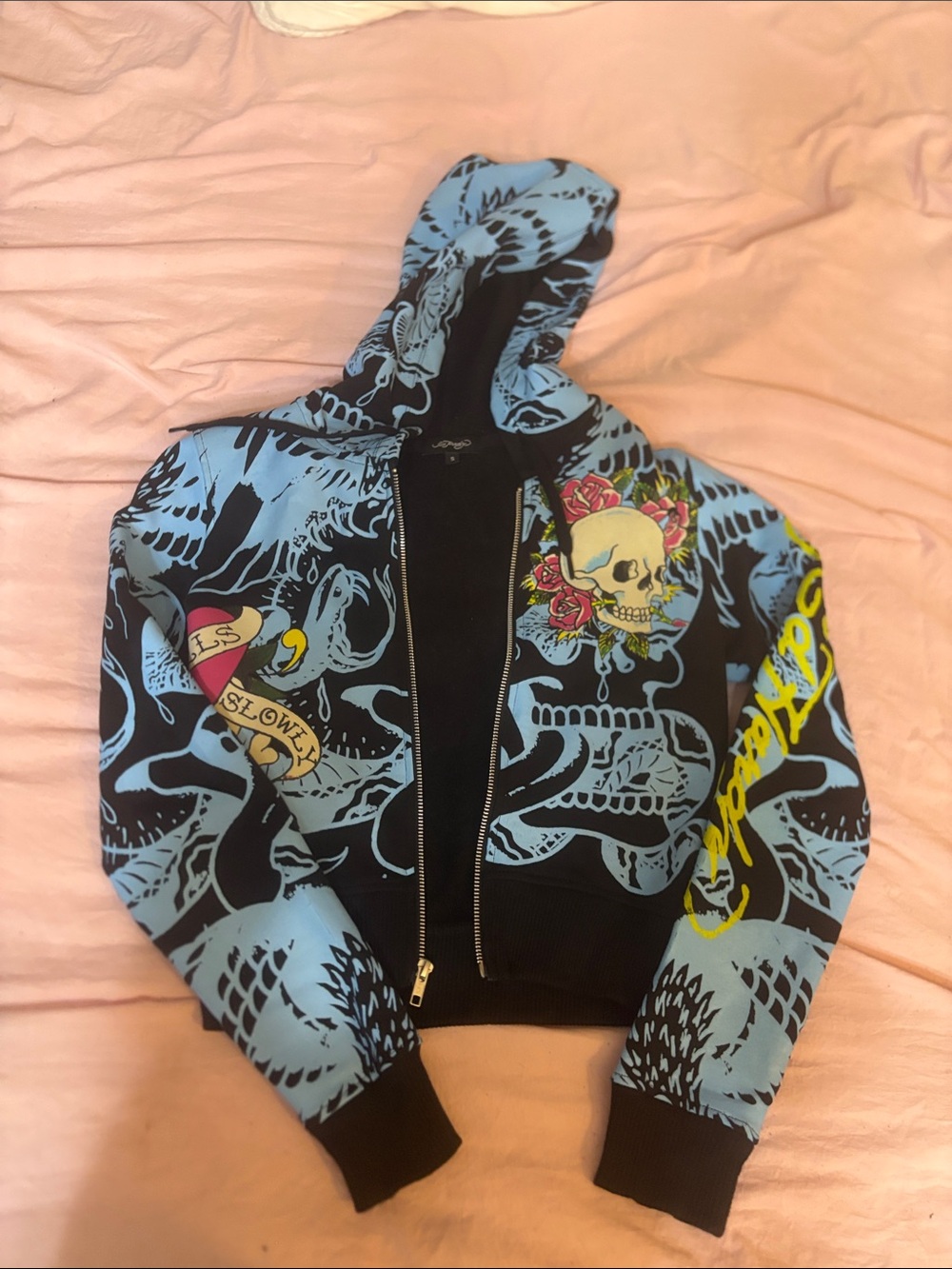 Ed Hardy Black & Light Blue Zip Hoodie with Skull and Rose Graphic